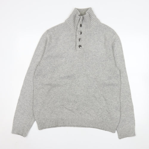 Lands' End Men's Grey Wool Blend High Neck Henley Jumper M