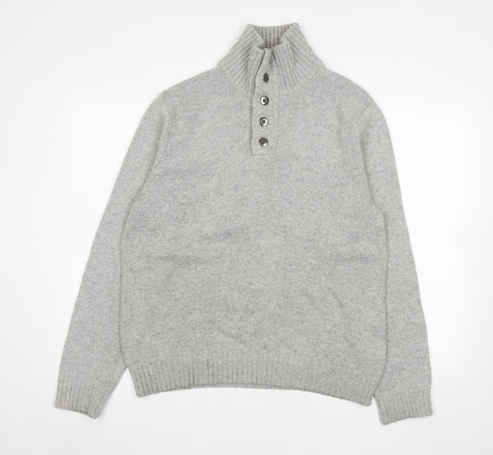 Lands' End Men's Grey Wool Blend High Neck Henley Jumper M