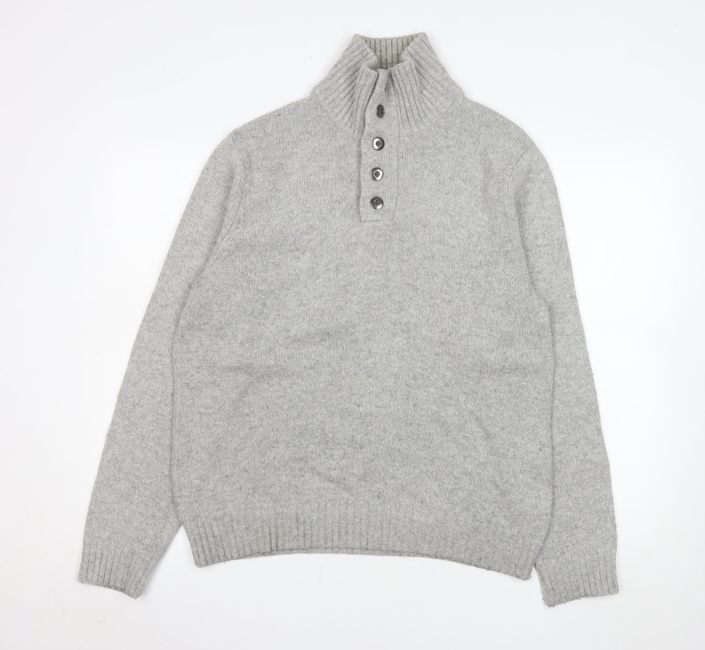 Lands' End Men's Grey Wool Blend High Neck Henley Jumper M
