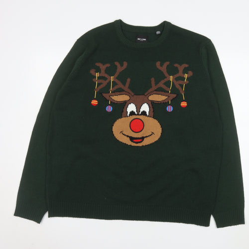 ONLY & SONS Men's Green 2XL Christmas Reindeer Jumper