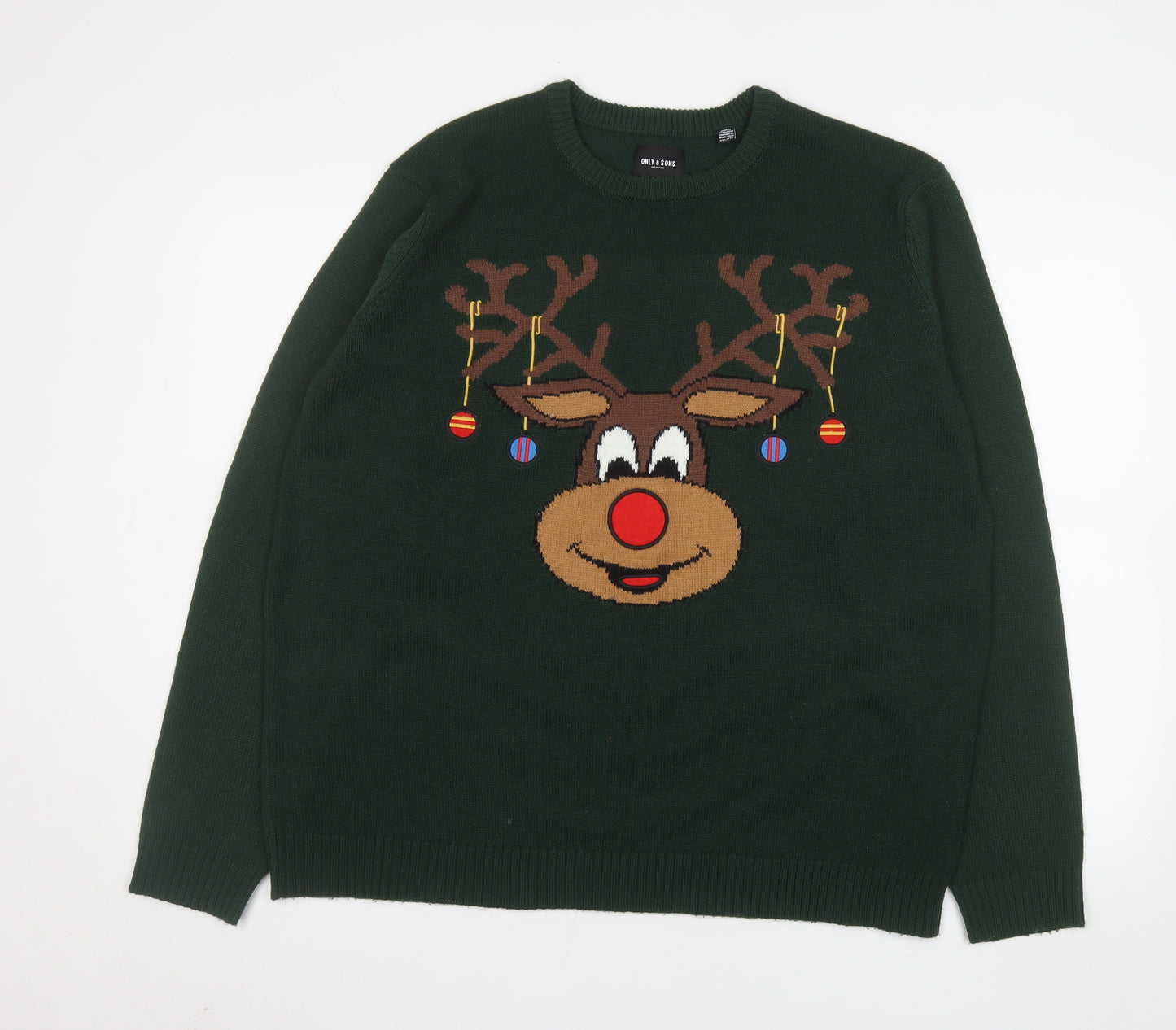 ONLY & SONS Men's Green 2XL Christmas Reindeer Jumper