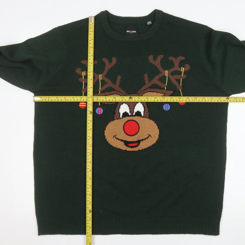 ONLY & SONS Men's Green 2XL Christmas Reindeer Jumper