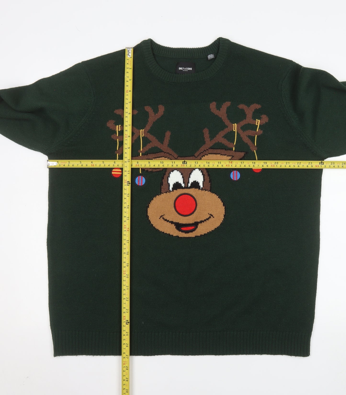 ONLY & SONS Men's Green 2XL Christmas Reindeer Jumper