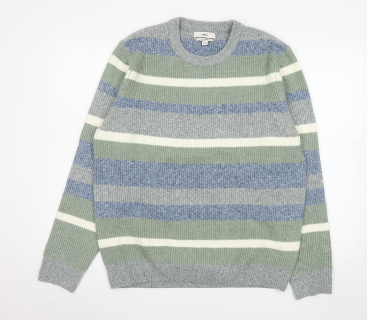 Marks and Spencer Men's Multicoloured Stripe Wool Blend Jumper L