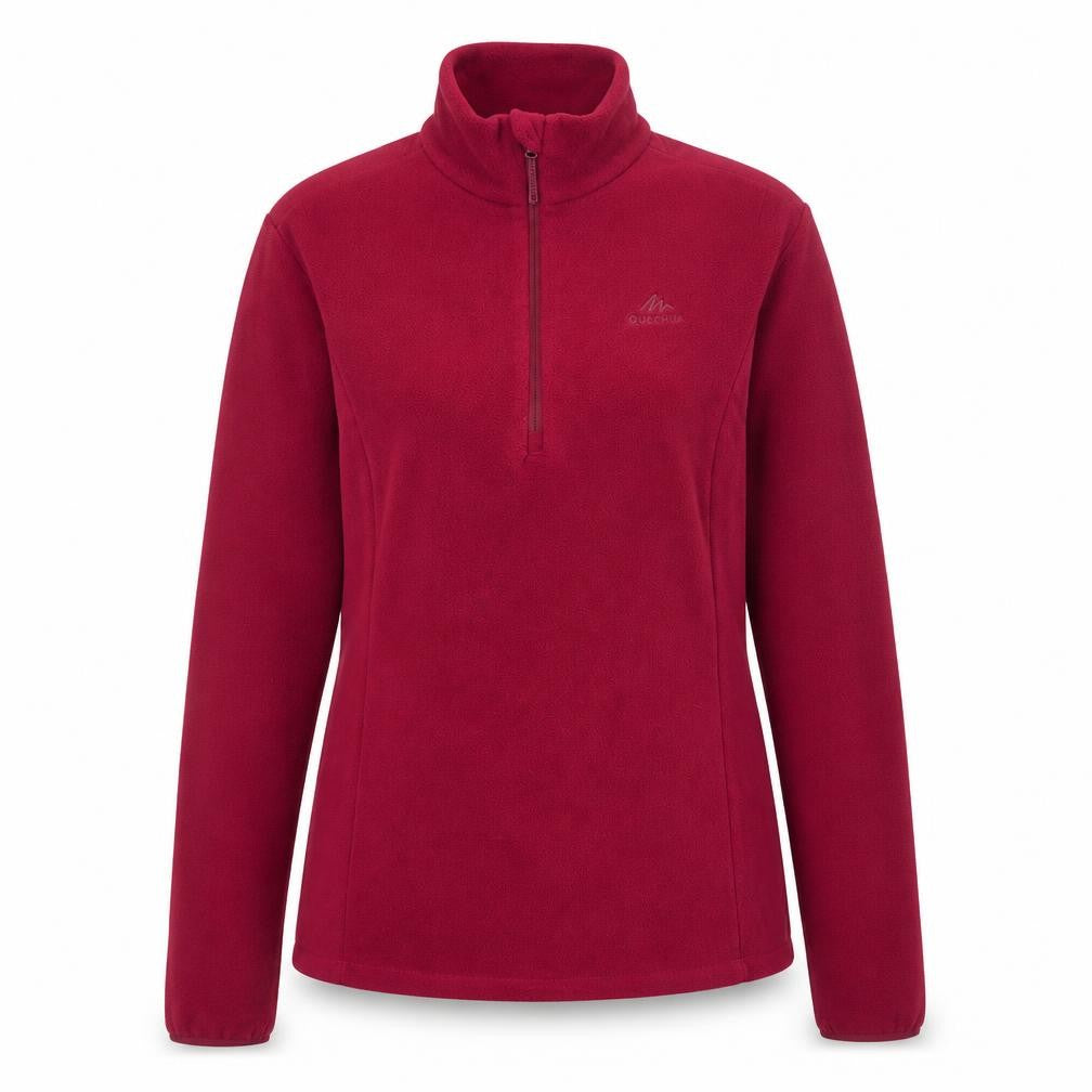 Front view of Quechua women’s red fleece pullover sweatshirt, size M, 1/2 zip