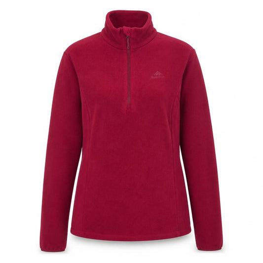 Front view of Quechua women’s red fleece pullover sweatshirt, size M, 1/2 zip
