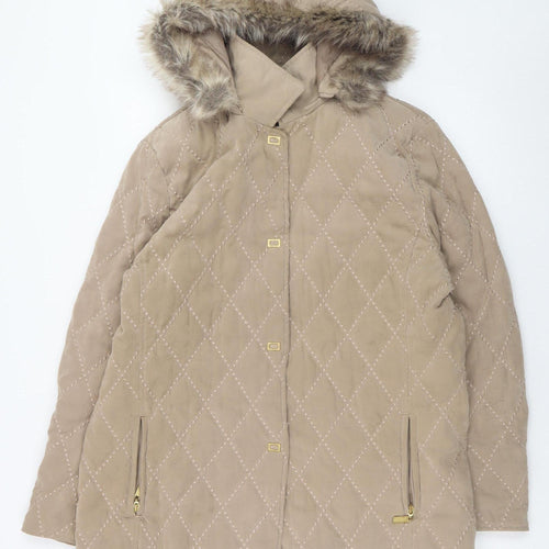 E Womens Beige Quilted Mid-Length Hooded Coat UK 12