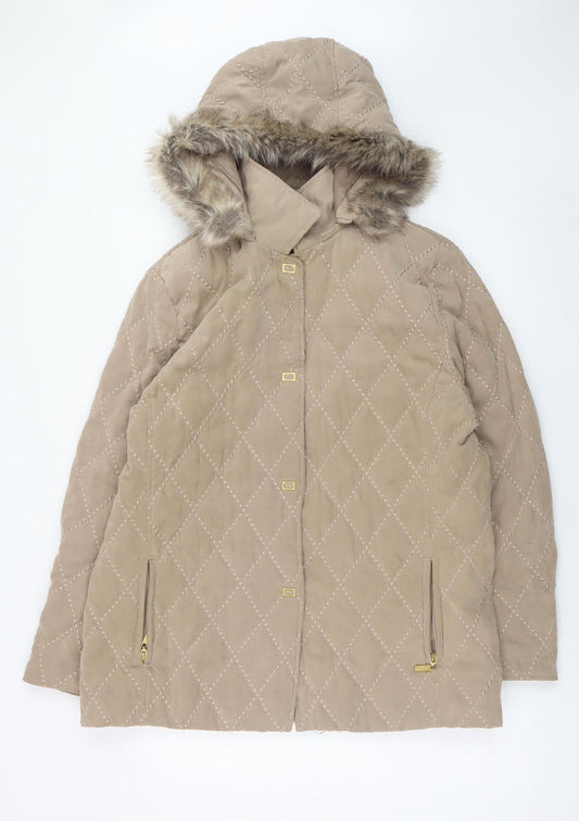 E Womens Beige Quilted Mid-Length Hooded Coat UK 12