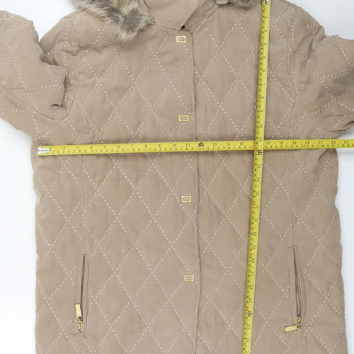 E Womens Beige Quilted Mid-Length Hooded Coat UK 12