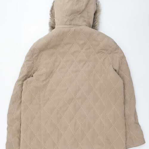 E Womens Beige Quilted Mid-Length Hooded Coat UK 12
