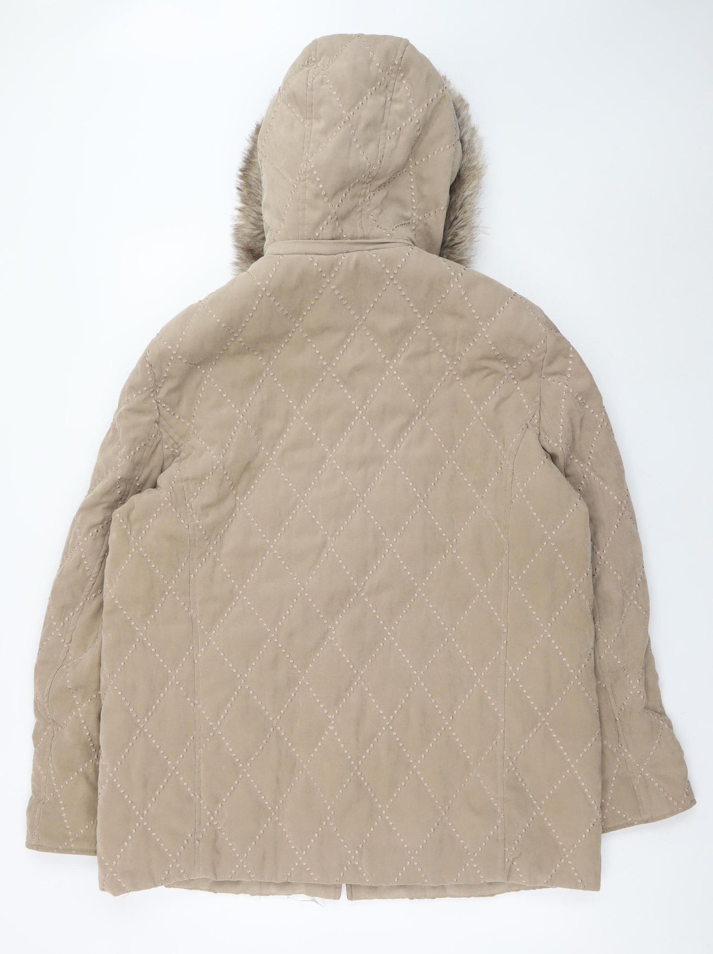 E Womens Beige Quilted Mid-Length Hooded Coat UK 12