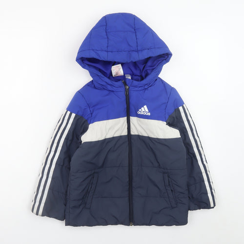 Adidas Boys Blue Colourblock Hooded Puffer Jacket 5-6 Years