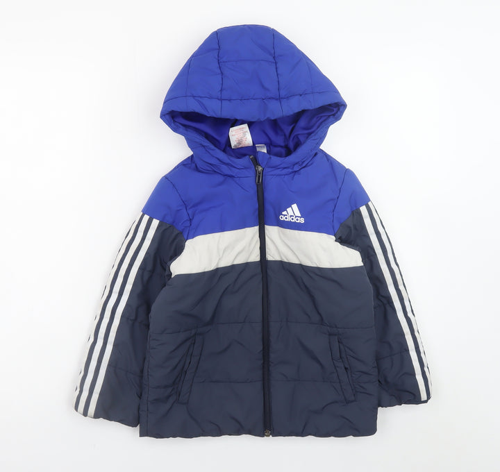Adidas Boys Blue Colourblock Hooded Puffer Jacket 5-6 Years