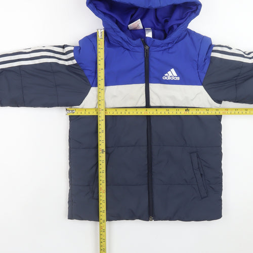 Adidas Boys Blue Colourblock Hooded Puffer Jacket 5-6 Years