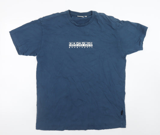 Napapijri Men's Blue Cotton Crew Neck Logo T-Shirt Size L