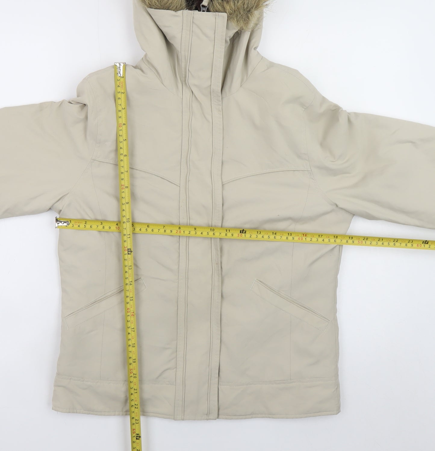 Denim Co Women Beige Faux Fur Trim Hooded Winter Parka Jacket Size 10
