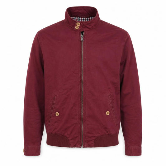 Front view of River Island Men's Red Bomber Jacket, size S, Cotton Casual