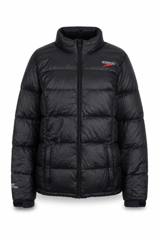 Front view of Speedo Women's Black Puffer Jacket, size 10, Insulated Lightweight