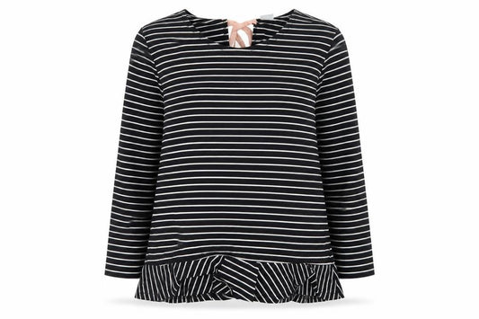 Front view of Jacqueline de Yong women’s black striped bow tunic blouse, size UK 12