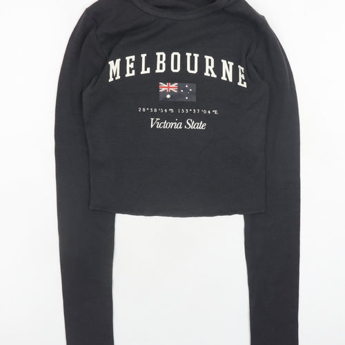 Bershka Womens Black Cropped Long Sleeve Melbourne T-Shirt Size S