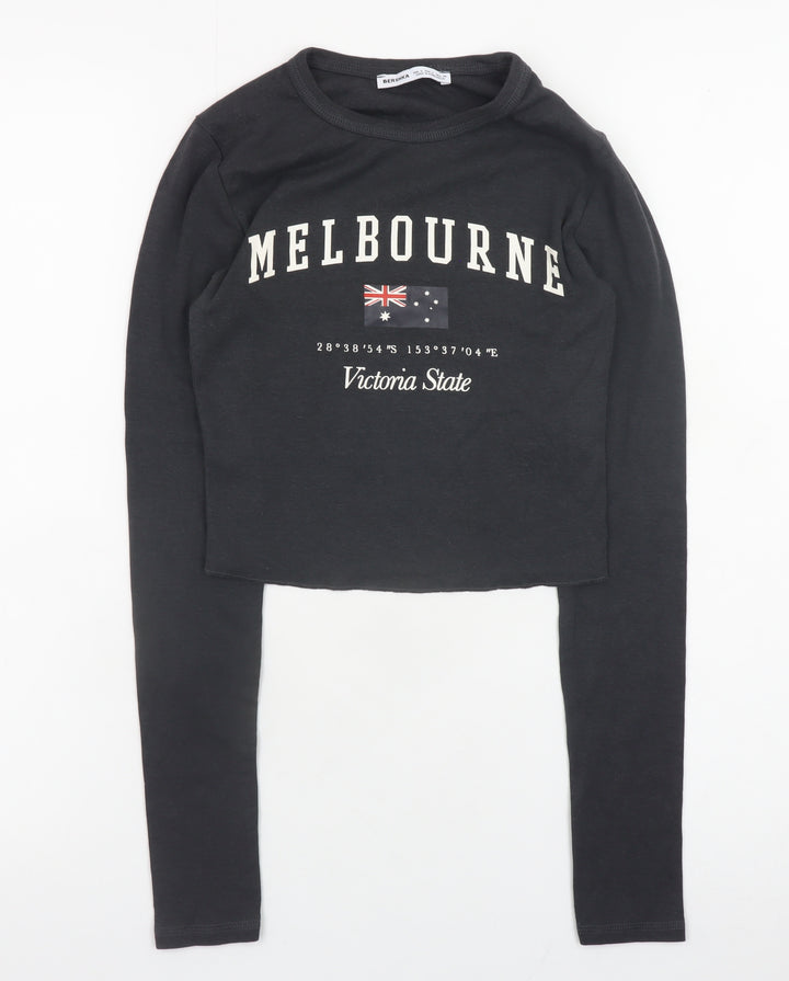 Bershka Womens Black Cropped Long Sleeve Melbourne T-Shirt Size S