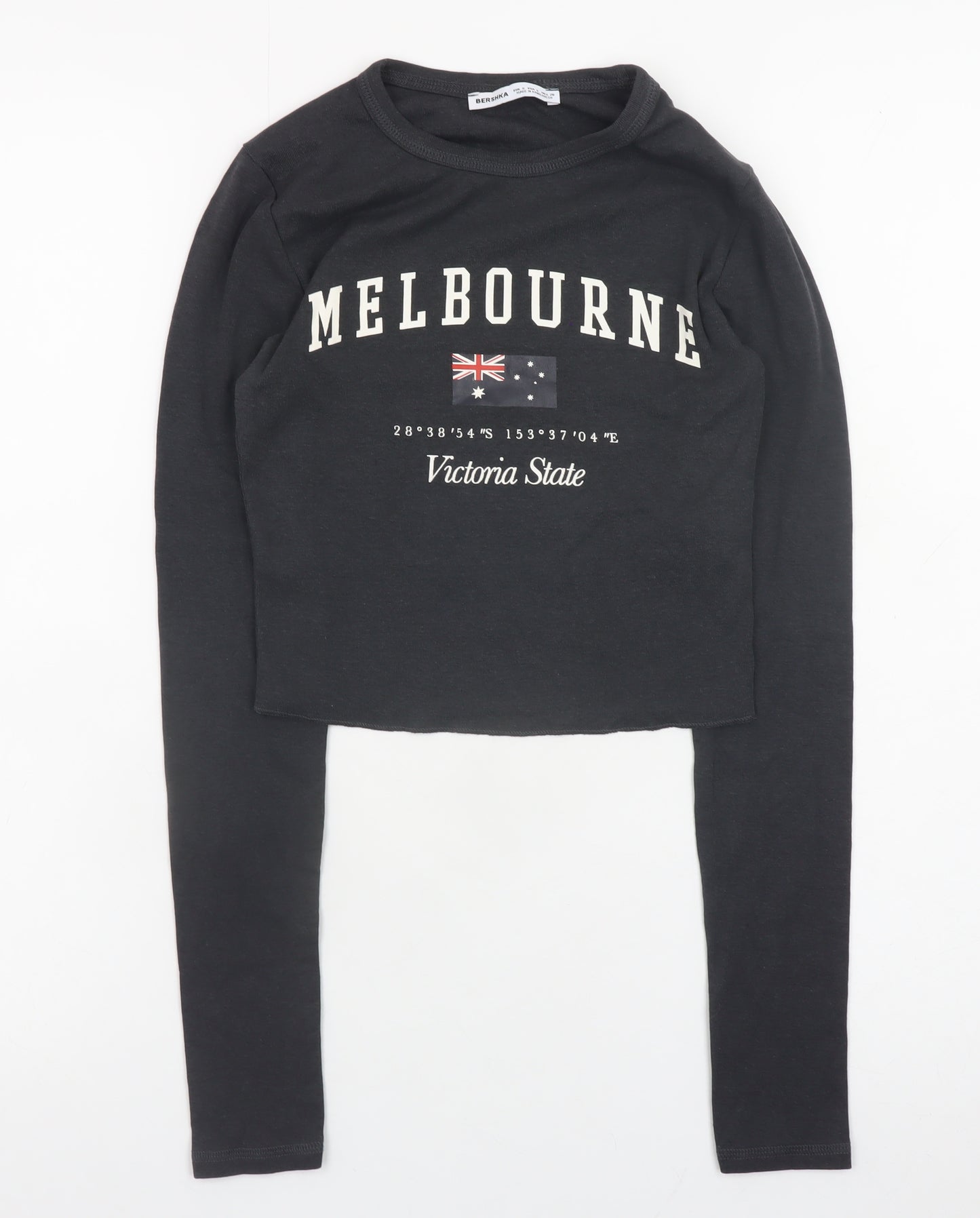 Bershka Womens Black Cropped Long Sleeve Melbourne T-Shirt Size S