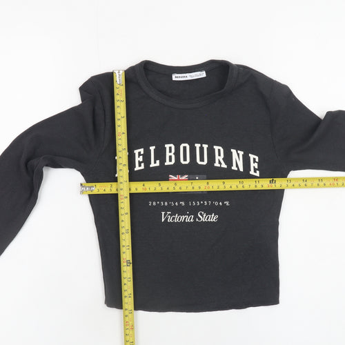 Bershka Womens Black Cropped Long Sleeve Melbourne T-Shirt Size S