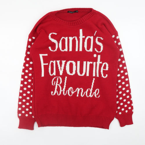 Boohoo Women's Red Christmas Pullover Jumper S Crew Neck