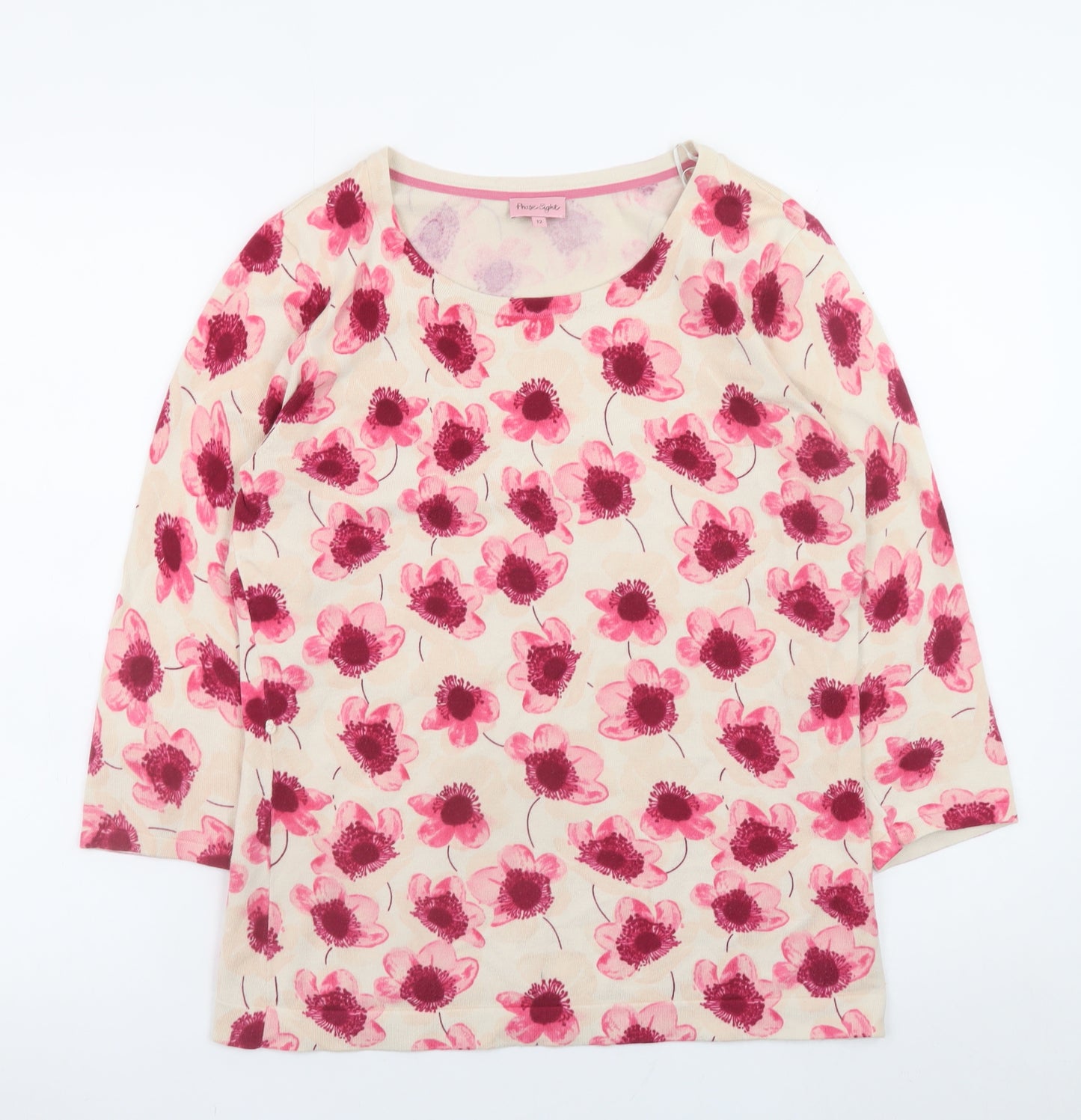 Phase Eight Women Beige Floral 3/4 Sleeve Stretch T-Shirt Size 12