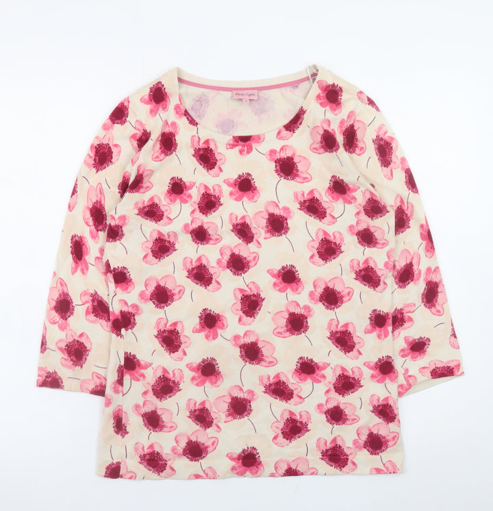 Phase Eight Women Beige Floral 3/4 Sleeve Stretch T-Shirt Size 12