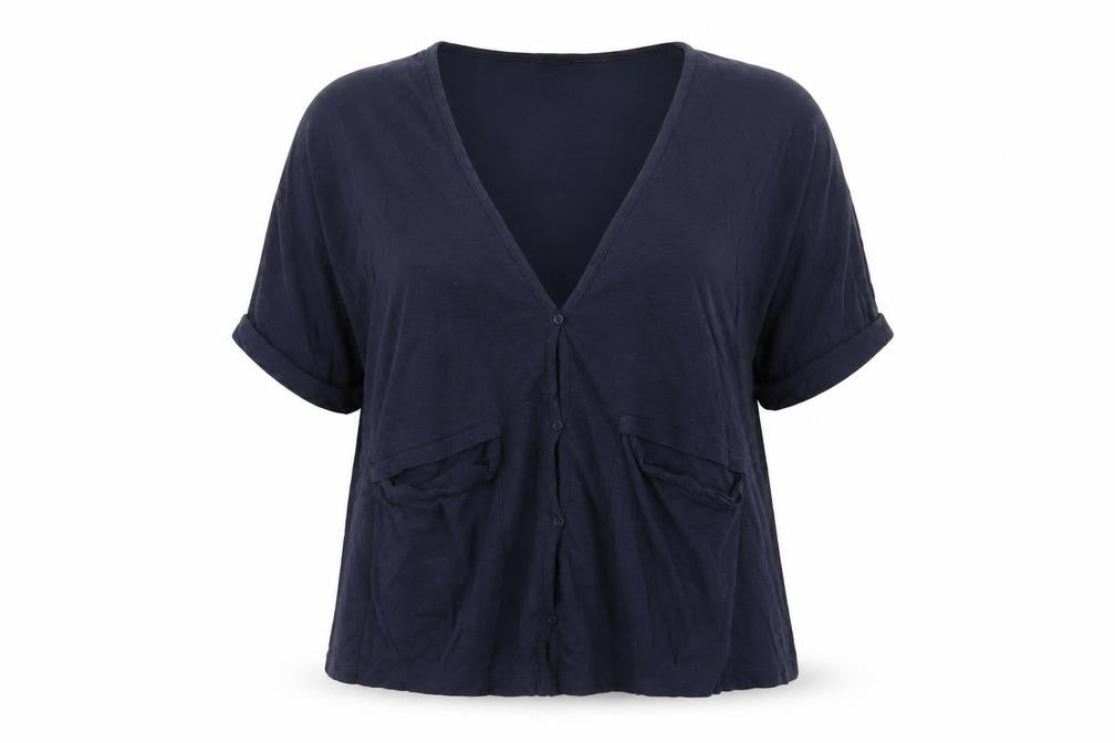 Front view of Topshop Women's Blue Cotton V-Neck Button-Up Jersey Top, size 12