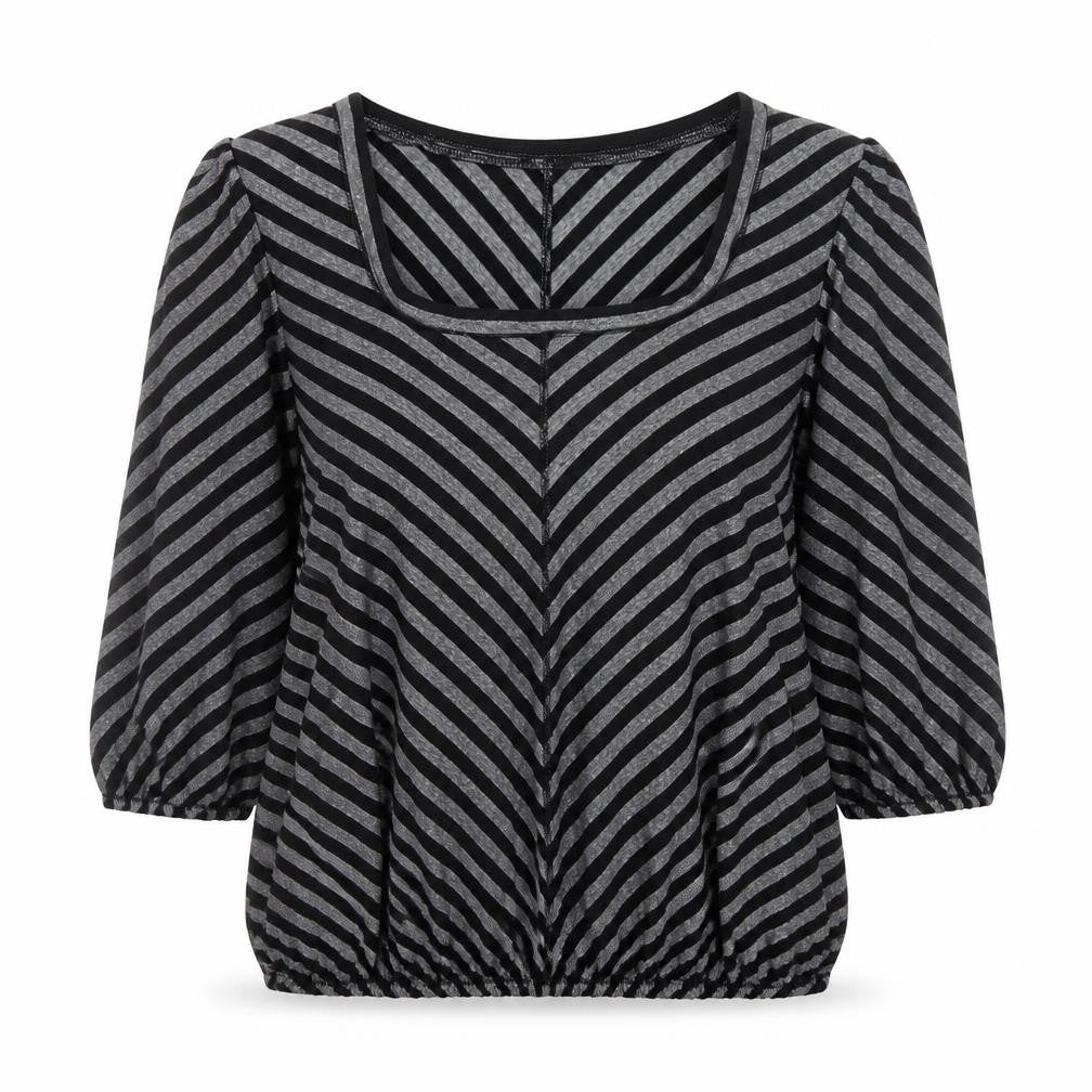 Front view of Studio M Women’s Grey Striped Metallic Jersey Blouse L Regular