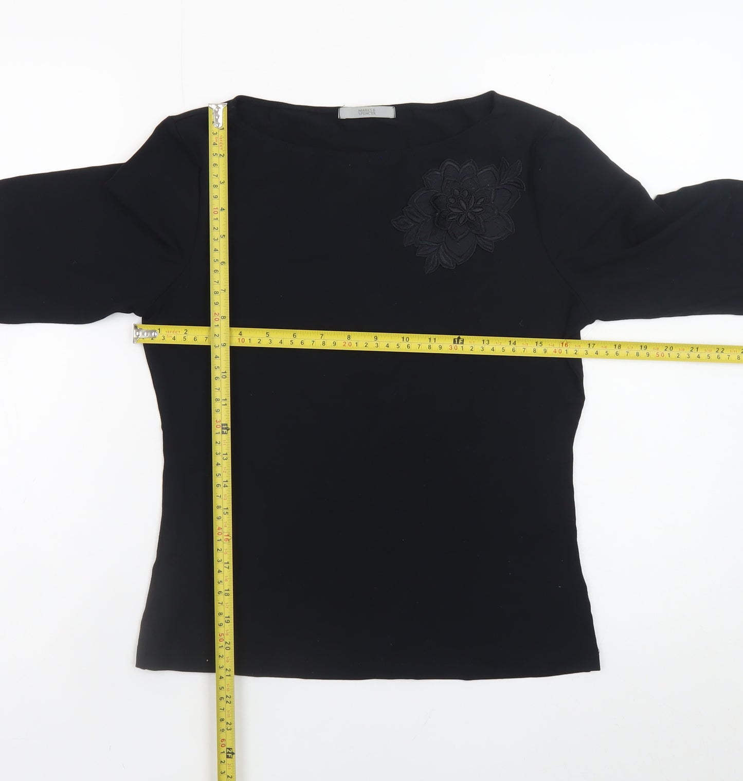 Marks and Spencer Women Black UK 12 Long Sleeve Top with Floral Applique