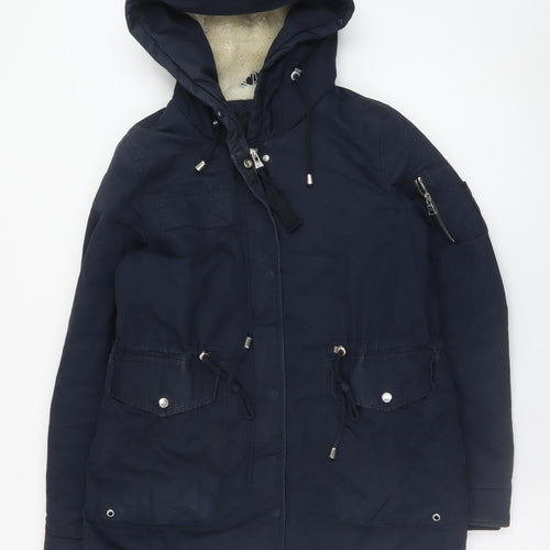 Bershka Women Blue Hooded Parka Coat Size 8 Lined Winter Jacket