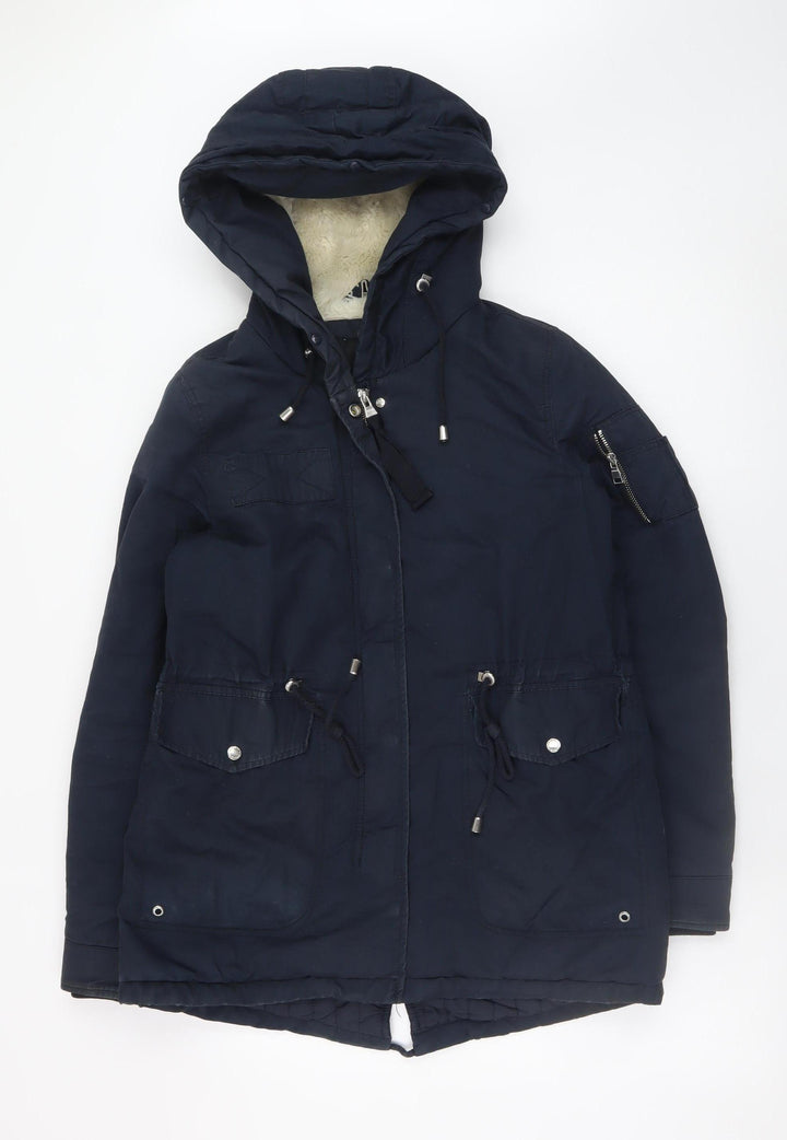 Bershka Women Blue Hooded Parka Coat Size 8 Lined Winter Jacket