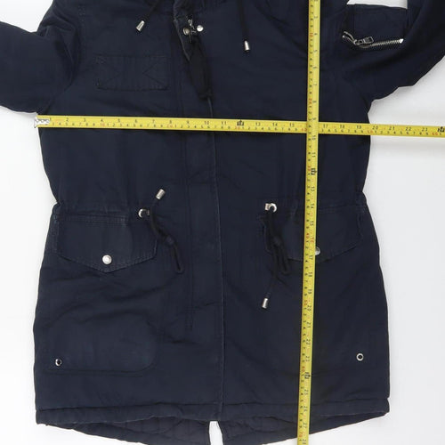 Bershka Women Blue Hooded Parka Coat Size 8 Lined Winter Jacket