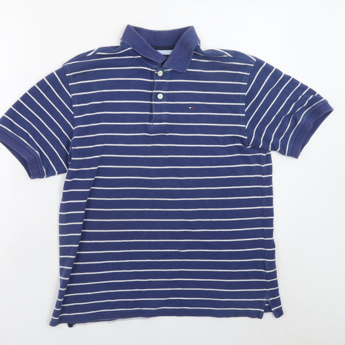 Tommy Hilfiger Men Blue Striped Cotton Polo Shirt Size L