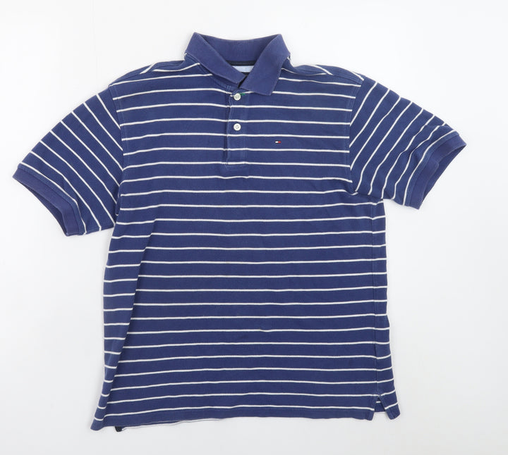 Tommy Hilfiger Men Blue Striped Cotton Polo Shirt Size L