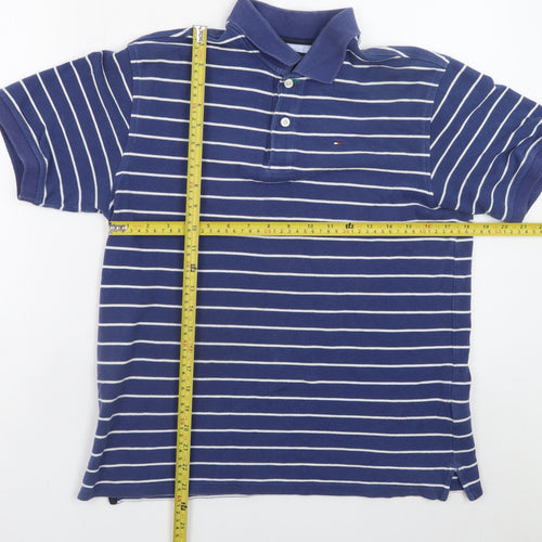 Tommy Hilfiger Men Blue Striped Cotton Polo Shirt Size L