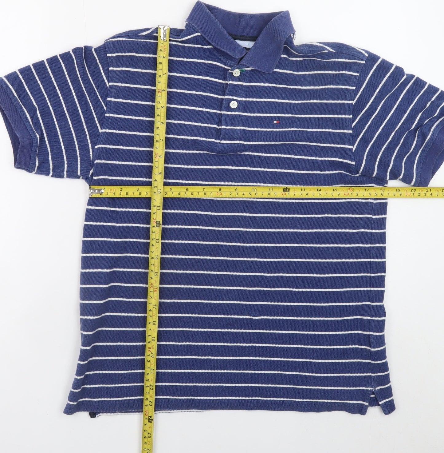 Tommy Hilfiger Men Blue Striped Cotton Polo Shirt Size L