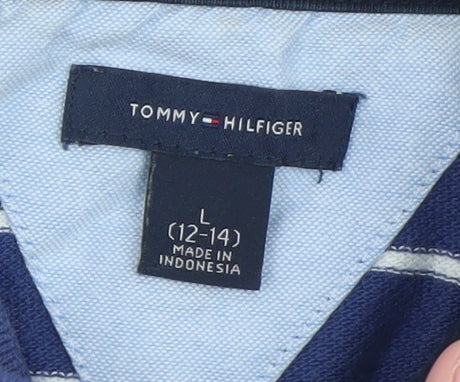 Tommy Hilfiger Men Blue Striped Cotton Polo Shirt Size L