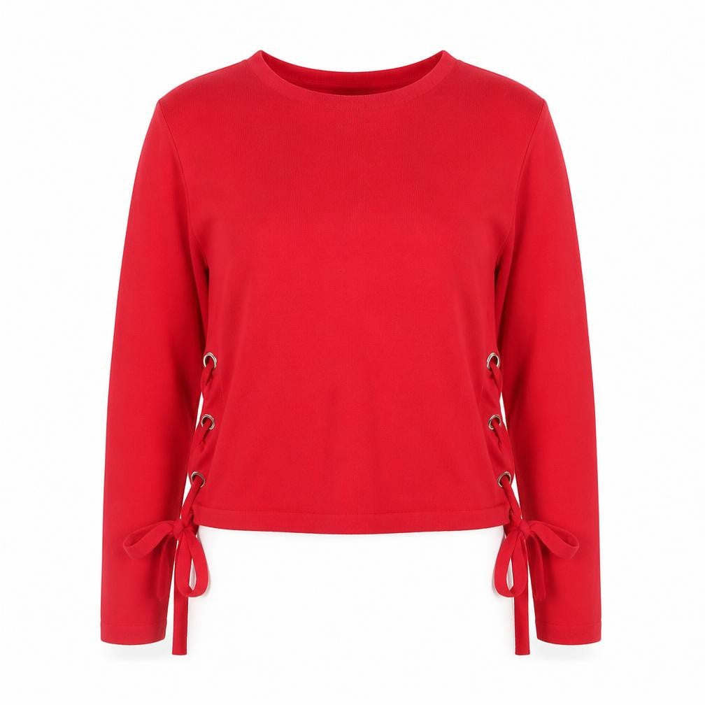 Front view of New Look Women's Red Lace-Up Side Long Sleeve Jumper, size M