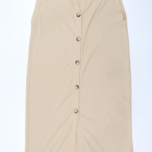 ZARA Women’s Beige Knit Midi Shift Dress XL Sleeveless Button Front
