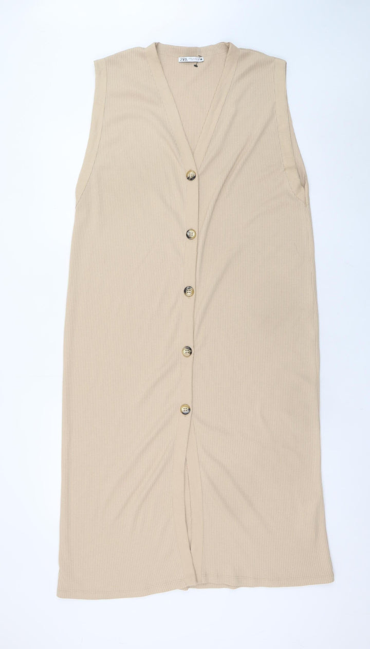 ZARA Women’s Beige Knit Midi Shift Dress XL Sleeveless Button Front
