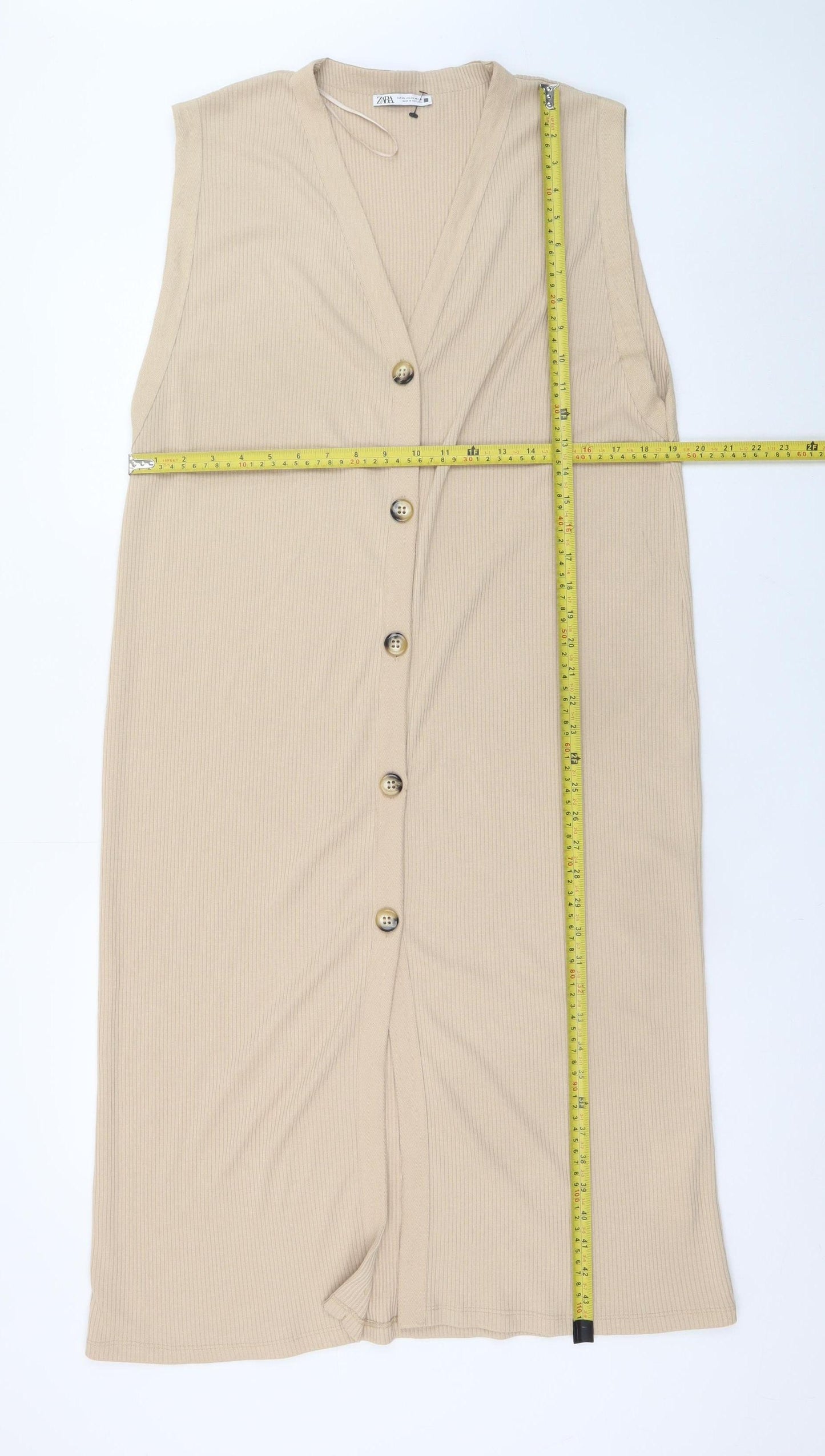 ZARA Women’s Beige Knit Midi Shift Dress XL Sleeveless Button Front