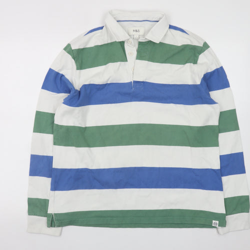 Marks and Spencer Mens Green Blue Stripe Rugby Shirt Large Cotton