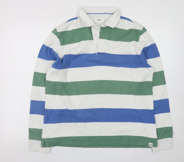 Marks and Spencer Mens Green Blue Stripe Rugby Shirt Large Cotton