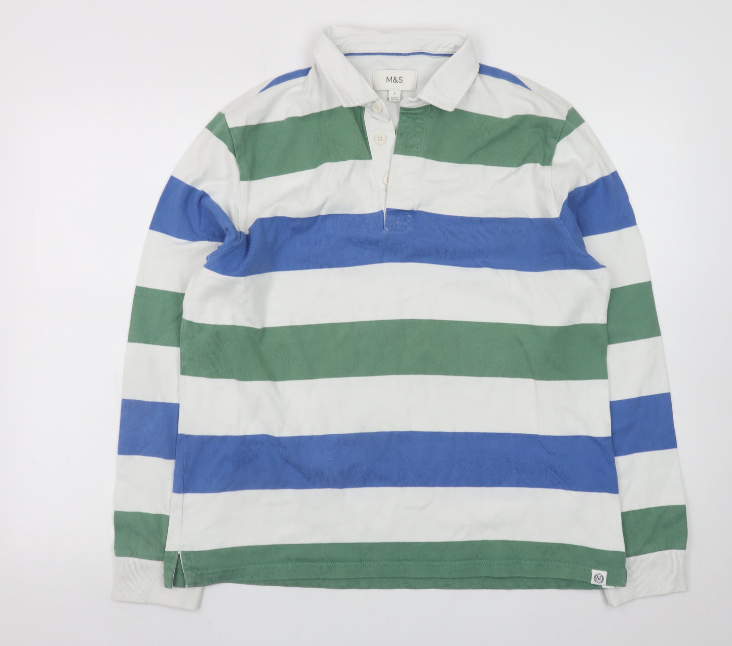 Marks and Spencer Mens Green Blue Stripe Rugby Shirt Large Cotton