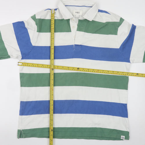Marks and Spencer Mens Green Blue Stripe Rugby Shirt Large Cotton