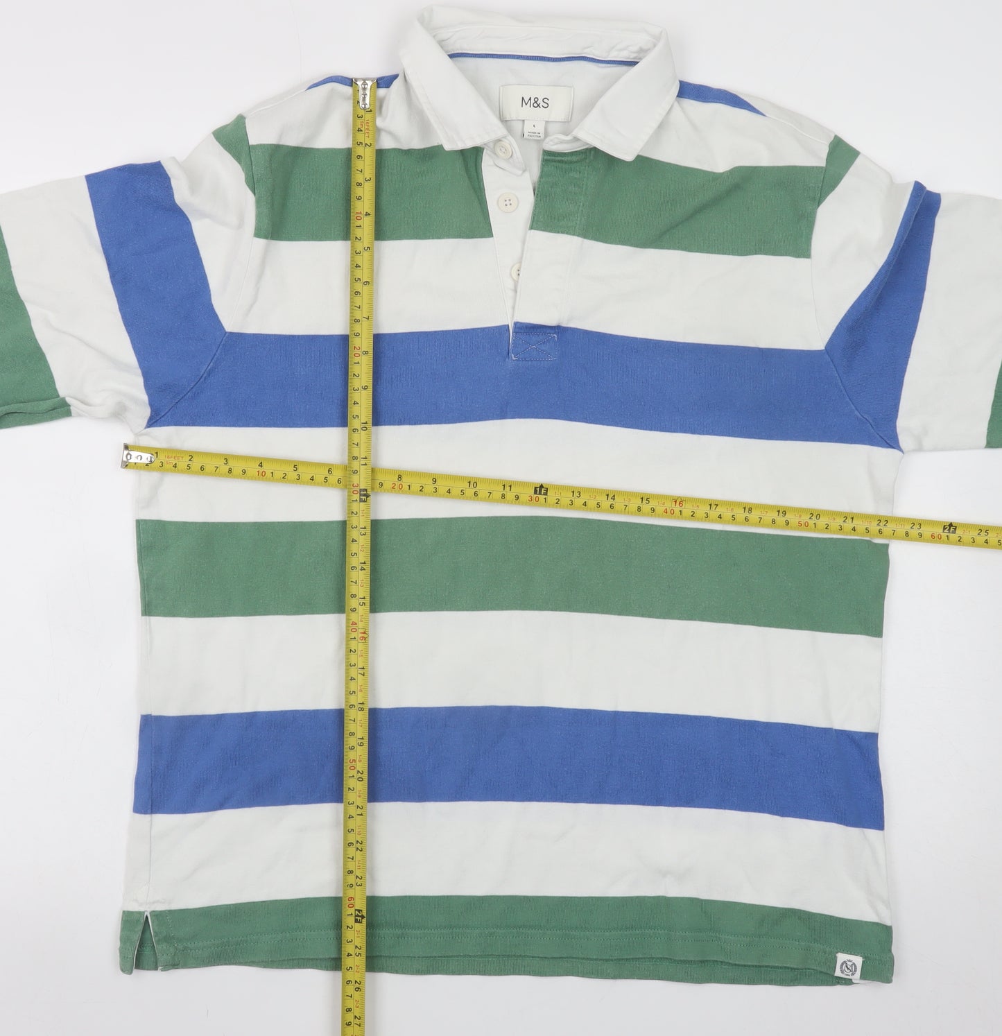Marks and Spencer Mens Green Blue Stripe Rugby Shirt Large Cotton